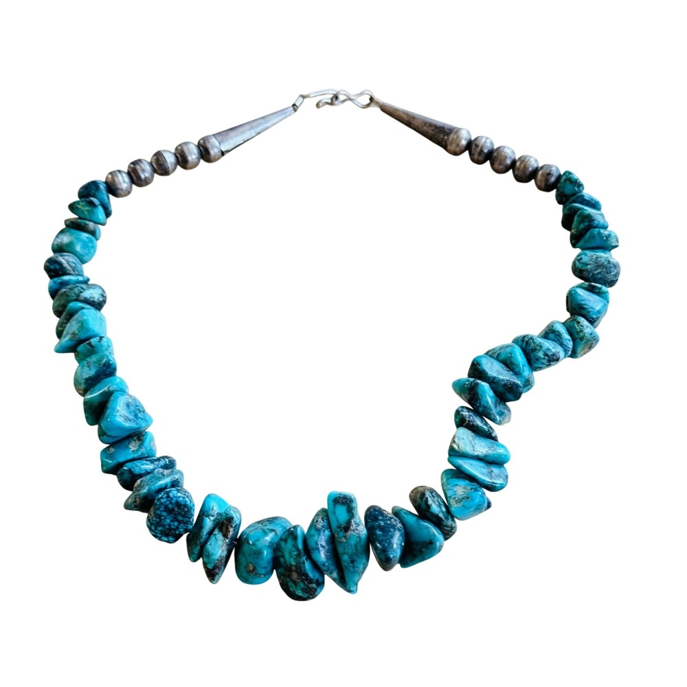 VTG Navajo Pearl Blue Nugget Turquoise Necklace Native American Silver Sterling